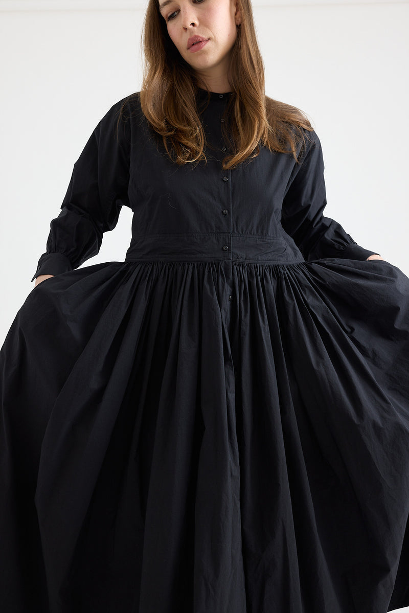 Kaval - No-collar Gathered Dress - Black