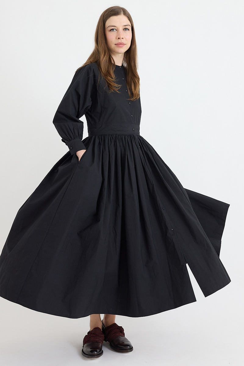 Kaval - No-collar Gathered Dress - Black