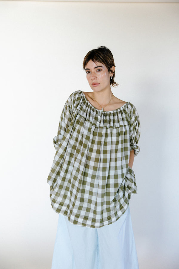 Metta - Gabrielle Gathered Blouse - Olive Check Cotton Voile