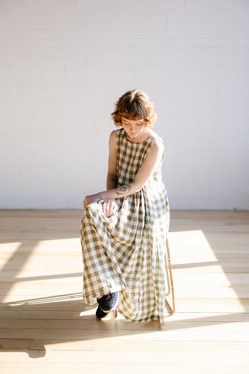 Metta - Dahlia Dress - Olive Check Cotton Voile