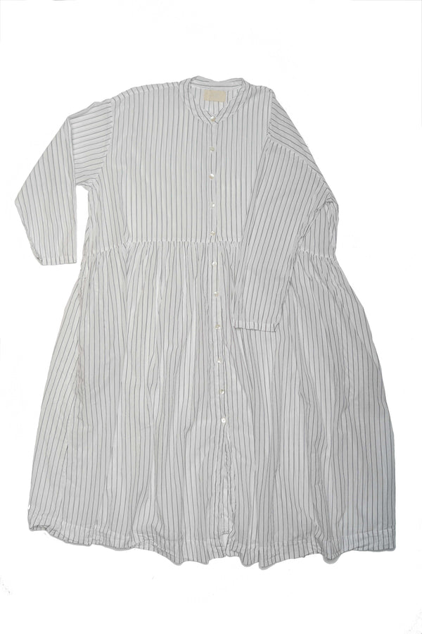 Metta - Oak Gathered Waist Dress - White Stripe Cotton Voile