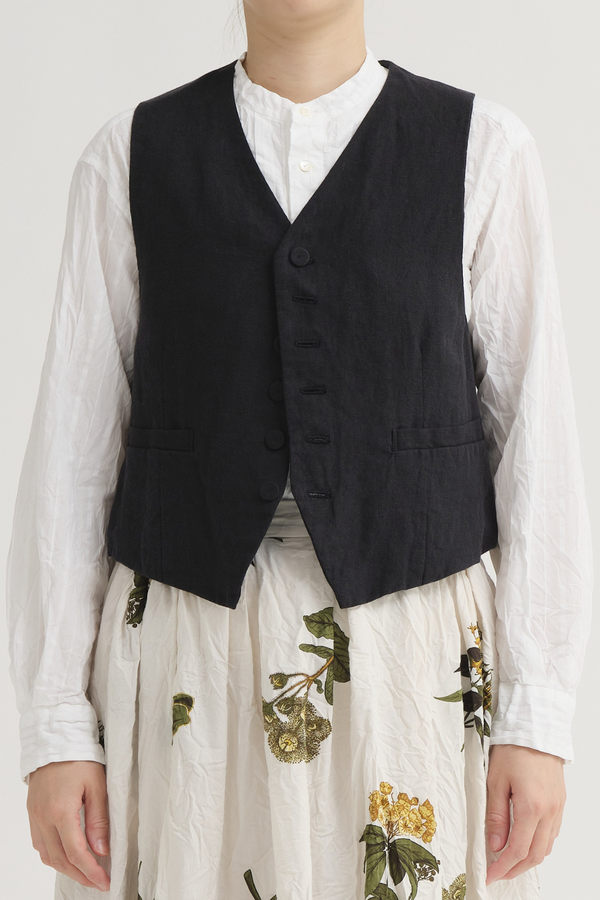 Pas de Calais - L/H Canvas + Yarn dyed Stripe V-Neck Vest - Navy