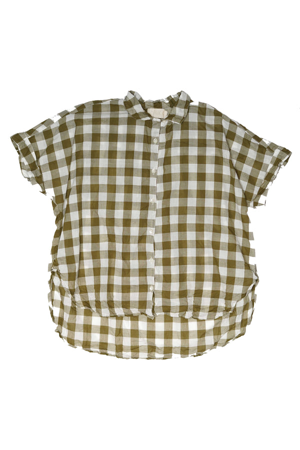 Metta - Pippi Short Sleeve Blouse - Olive Check Cotton Voile